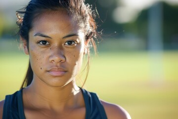 A young female athlete appears contemplative, with sunlight highlighting her features - obrazy, fototapety, plakaty