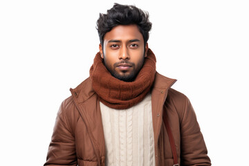 Young man wearing jacket and muffler on white background - Powered by Adobe