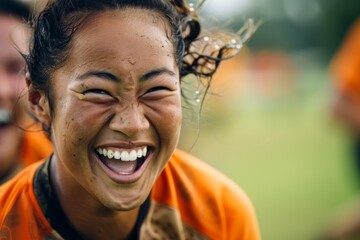 A visibly muddy young athlete laughs joyfully post-game, showing emotions
