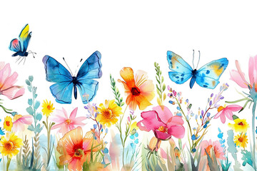 Butterfly blue Illustration watercolor. Beautiful floral summer seamless pattern with watercolor for kids field wild flowers. Illustration watercolor.