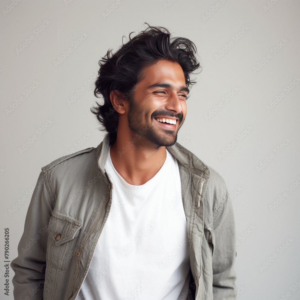 Wall mural Young man smiling on white background