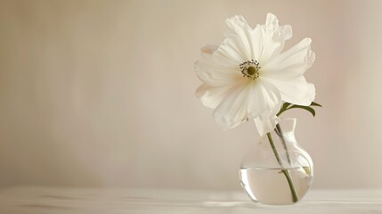 A single white flower in a clear vase against a neutral background, conveying simplicity and elegance