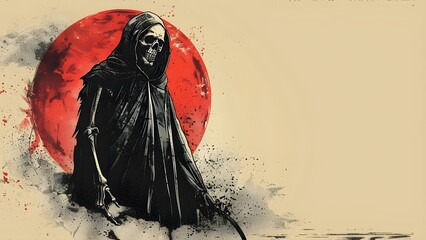 Grim Reaper Against Blood Moon - A Chilling Silhouette. Concept Halloween Photoshoot, Spooky Theme, Horror Photography, Dark Atmosphere, Haunting Portrait - obrazy, fototapety, plakaty