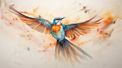 A watercolor painting of a hummingbird with its wings spread wide. The background is white with light splashes of color.
