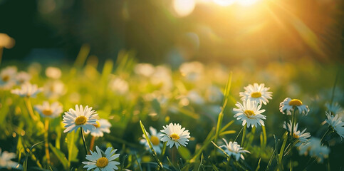 Beautiful wild flowers chamomile.  Daisy field on a clear day Daisies come in white and yellow. and surrounded by green grass surrounded by green nature and shining sun. - obrazy, fototapety, plakaty