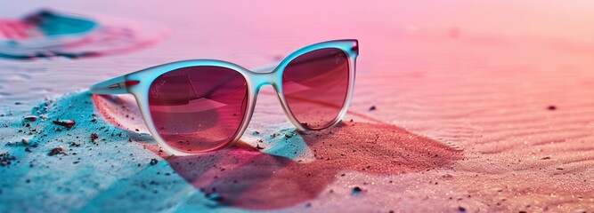 Stylish Blue-Framed Sunglasses on Vibrant Colored Beach Sand - obrazy, fototapety, plakaty