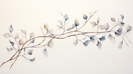 A watercolor painting of a branch with blue and brown leaves.
