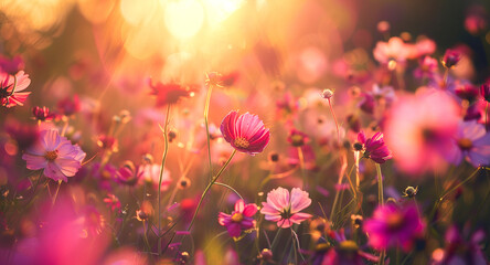 Obraz premium A meadow with beautiful flowers in the background with visible sun rays. Flowers, nature, meadow, sun