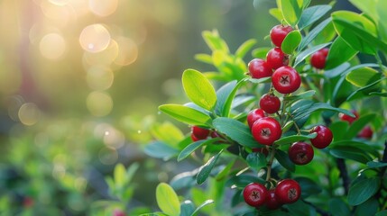 Red ripe lingonberry on natural forest background. copy space  - obrazy, fototapety, plakaty