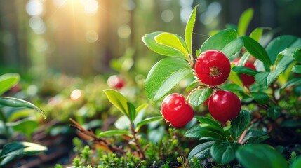 Red ripe lingonberry on natural forest background. copy space 