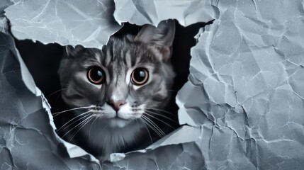Cat in hole of gray paper, little tabby cat getting out through the craft background, funny pet.