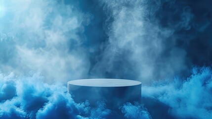 Blue background with a product podium surrounded by blue clouds. Smoke, fog, steam background.