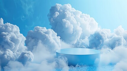 Blue background with a product podium surrounded by blue clouds. Smoke, fog, steam background. --ar 16:9 Job ID: 41b7f593-8572-4cea-be56-3c5f1235d804