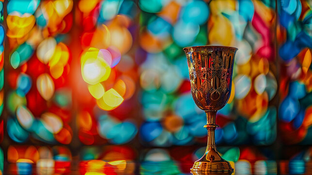 Kielich i patena z hostią na tle kolorowych witraży kościelnych. Kości&oacute;ł, religia, kultura.