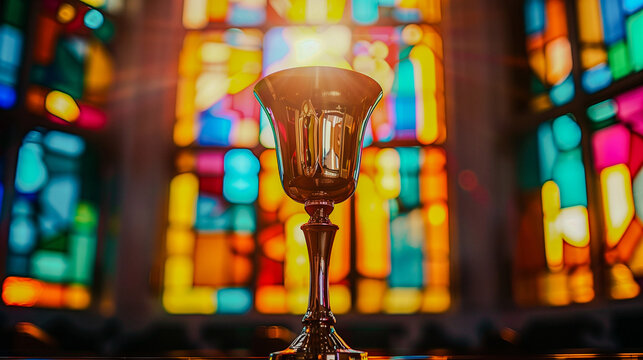 Kielich i patena z hostią na tle kolorowych witraży kościelnych. Kości&oacute;ł, religia, kultura.