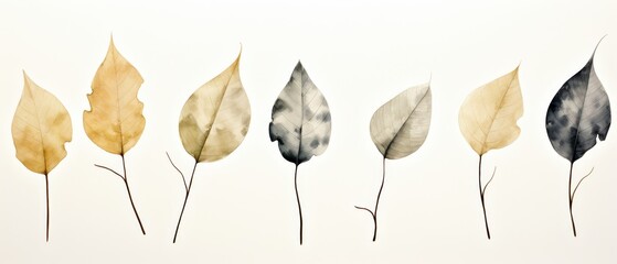 A row of watercolor leaves with varying degrees of yellow, brown, and gray. - obrazy, fototapety, plakaty