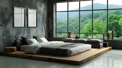 Modern Bedroom With Large Windows Overlooking The Mountains