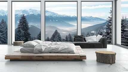 Modern Bedroom With Large Windows Overlooking The Mountains