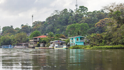 Scenic view of colorful houses of El Castillo village along the San Juan river in Nicaragua