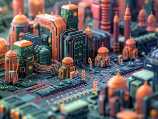 A detailed view of a cityscape creatively designed to mimic a complex circuit board with vibrant colors.