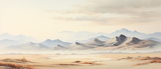 A painting of a vast desert landscape with rugged mountains in the distance. - obrazy, fototapety, plakaty