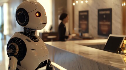 Write a comedy sketch where a robot sitting at a reception desk tries to navigate awkward interactions with visitors and coworkers - obrazy, fototapety, plakaty