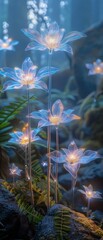 Fototapeta na wymiar Luminous Flowers in Mystical Forest