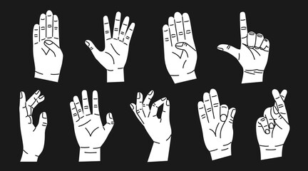 Set of white hands with different gestures. Modern trendy flat style. Hand drawn vector illustration. Hands show different signs and symbols. Body language for communication. On black background
