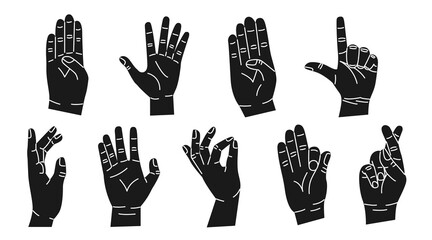 Set of black hands with different gestures. Modern trendy flat style. Hand drawn vector illustration. Hands show different signs and symbols. Body language for communication. On white background © Alina Pear