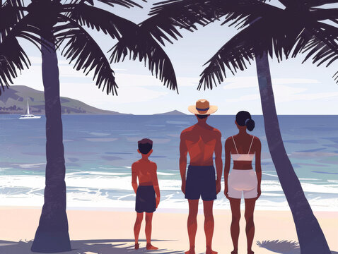 Family of three enjoying a beach view under palm trees on a sunny day