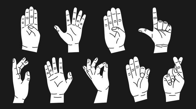 Set of white hands with different gestures. Modern trendy flat style. Hand drawn vector illustration. Hands show different signs and symbols. Body language for communication. On black background