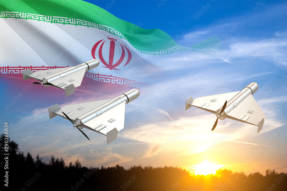 Sticker Combat drones against the sunset with Iran flag. 3d-rendering