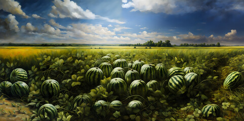 Oil painting rural scene with a watermelon field. Colorful rural landscape. Summer landscape.