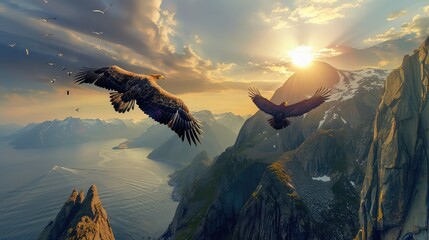 A pair of magnificent bald eagles soaring high above the rugged cliffs of a coastal fjord, their...