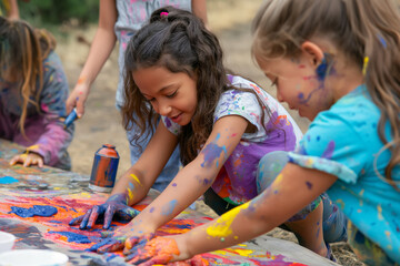 Fototapeta premium childrens day. A group of young girls are playing with paint on a table. Generative AI