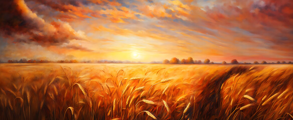Oil painting of a breathtaking rural sunset scene with a golden ripe wheat field. Colorful rural landscape in the golden sunset lights. Summer landscape.