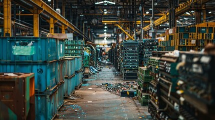 Aisle in a recycling plant filled with stacks of electronic waste ready for processing, highlighting the importance of e-waste management.