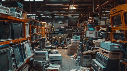 A vast collection of discarded and outdated electronic devices piled in a cluttered warehouse setting.