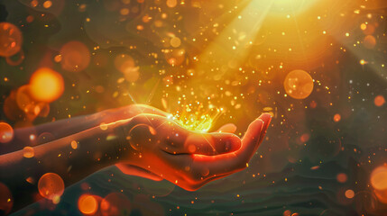 An illustration of a child's hand holding a host, surrounded by rays of light and spiritual symbols. Religion, culture, holiness, church, child, hands