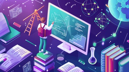 Math isometric landing page. Academic education digital concept. Tiny male student character stands at giant tablet computer with formula on screen and books. - obrazy, fototapety, plakaty