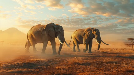 A pair of majestic African elephants marching in lockstep through the arid savanna, - obrazy, fototapety, plakaty