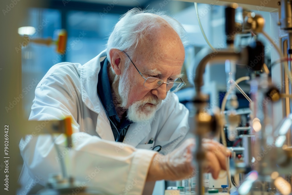 Poster a dedicated senior scientist is engrossed in research, working with complex equipment in a high-tech