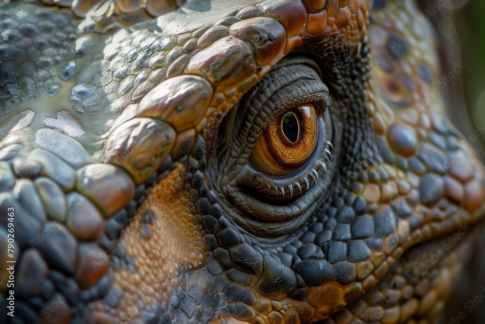 Poster sharp details of the eye and textured scales of an iguana, showcasing the reptile’s intricate biolog