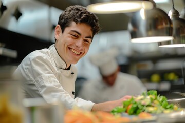 A cheerful young chef in professional attire is preparing vegetables with a focus on culinary skills in a kitchen environment