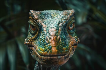 A stunning headshot of a dinosaur model with life-like details, capturing the ancient creature's fierce and powerful demeanor - obrazy, fototapety, plakaty