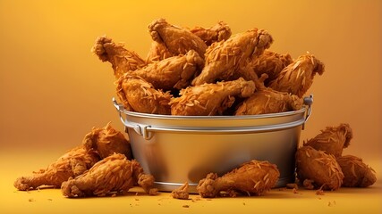 A detailed and realistic depiction of a bucket filled with crispy Kentucky fried chicken wings and legs. The scene should showcase the texture, color, and presentation of the fried chicken, placed aga
