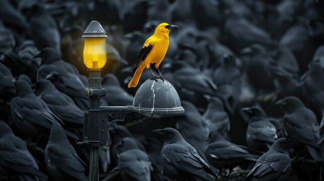 An isolated yellow crow perched on a street lamp amidst a group of black crows in a cityscape, symbolizing the concept of standing out and leading with its radiant plumage