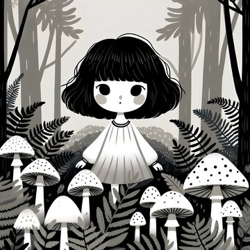 버섯 숲 속의 작은 소녀