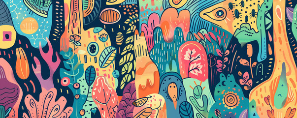 Naklejka premium Background hand-drawn doodles and illustrations in playful colors.