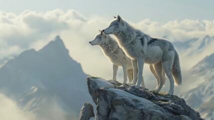 Obraz na płótnie Canvas A pair of majestic gray wolves standing atop a windswept ridge, their sleek coats rippling in the breeze as they gaze out over the vast expanse of the wilderness 